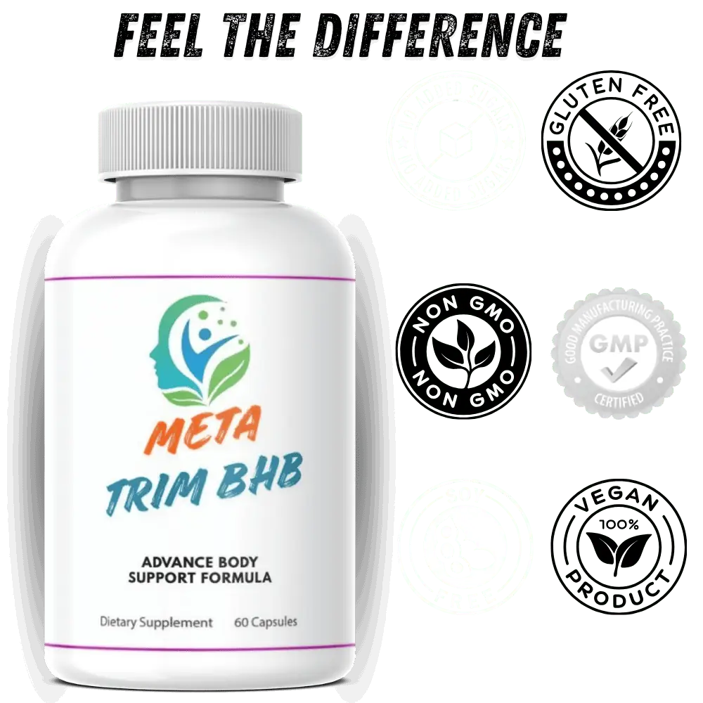 Meta Trim BHB USA made, FDA inspected, cGMP certified, gluten free, BPA free, non GMO quality badges